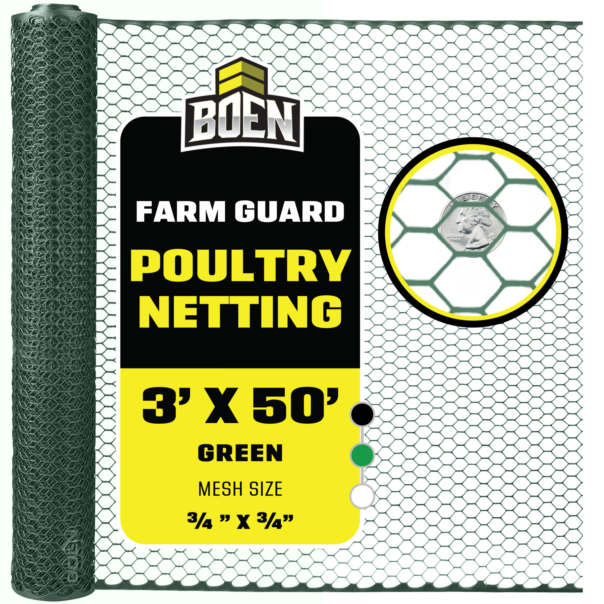 Boen Green Plastic Hex Chicken Wire 3 ft x 50 ft, Plastic Fence Poultry Netting for Temporary or Semi Permanent Enclosures, Deer Netting Fence